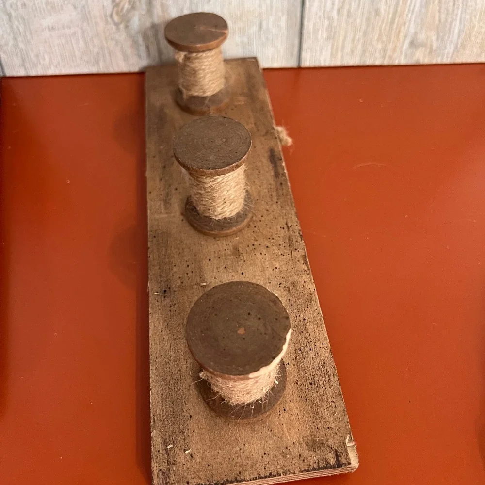 Rustic Wood Spool Wall Rack 3 Hook Farmhouse Twine Wrapped Peg Coat Hanger